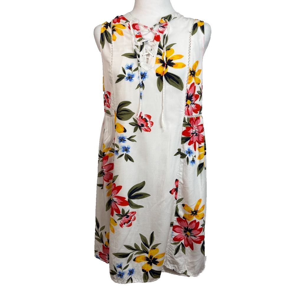 Old Navy Womens S Tank Swing‎ Dress White Floral Oversized Cottage Tropical Boho